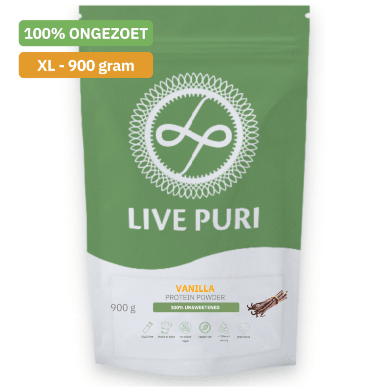 Live Puri vanille eiwitpoeder ongezoet 900g groot verpakking