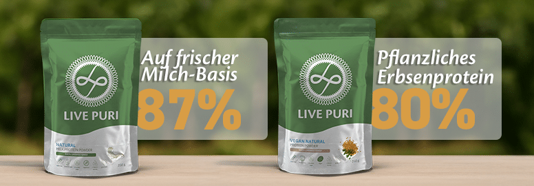 Live Puri - Protein mit hohem Eiweißgehalt auf frischer Milchbasis oder pflanzliches Erbsenprotein