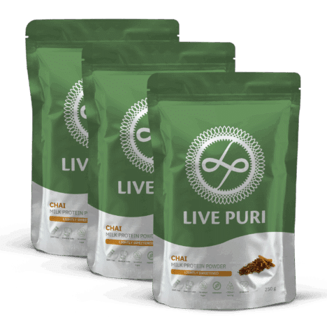 Poudre de protéines Chai légèrement sucrée sans additifs inutiles, pack économique Live Puri