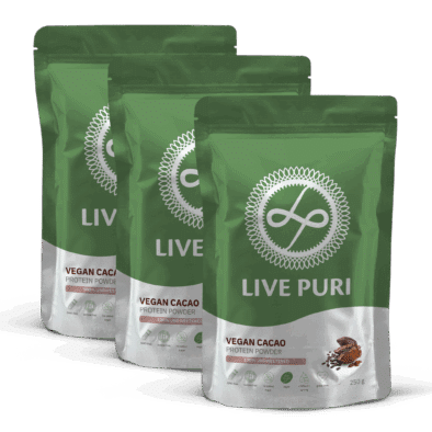 Cacao chocolade vegan eiwitpoeder ongezoet zonder onnodige toevoegingen voordeelverpakking Live Puri